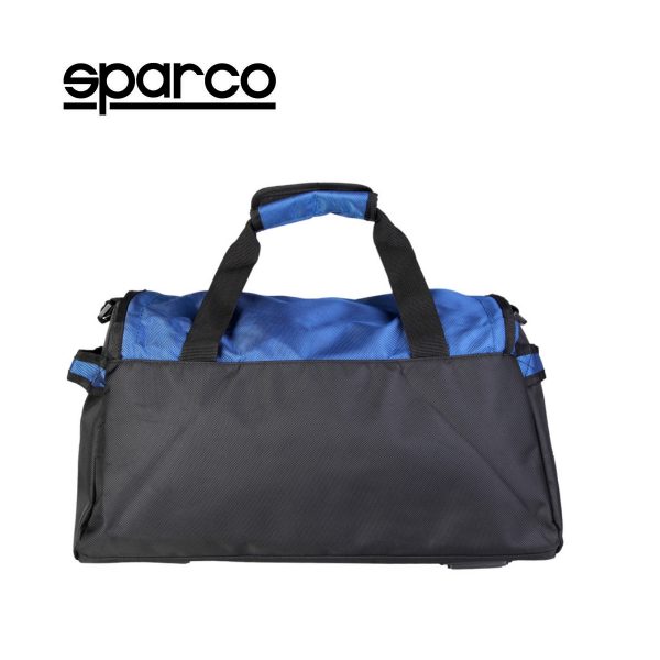 Sparco S6 Blue Travel Bag Picture3: Sparco S6 is a medium-size gym or travel bag with an adjustable and removable shoulder strap with a padded insert, two handles and more. The compact lightweight design has enough room to store your essentials featuring two handles, removable and adjustable shoulder strap with Sparco printed logo.