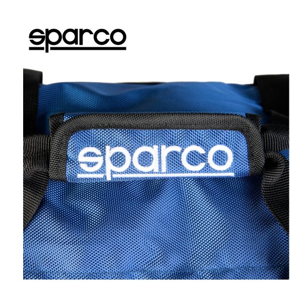 Sparco S6 Blue Travel Bag Picture7: Sparco S6 is a medium-size gym or travel bag with an adjustable and removable shoulder strap with a padded insert, two handles and more. The compact lightweight design has enough room to store your essentials featuring two handles, removable and adjustable shoulder strap with Sparco printed logo.