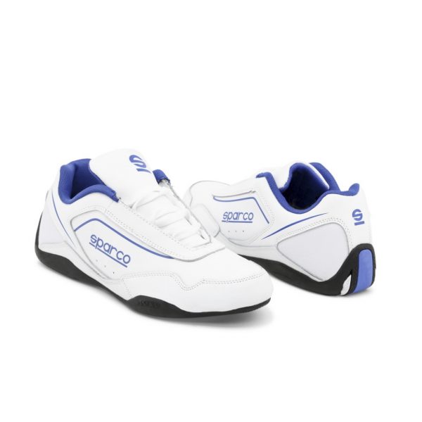 Sparco Shoes Jerez White/Blue Shoes Sneakers Picture2: Designed for ultimate street durability and performance, Sparco Jerez White/Blue Shoes is what you’d expect in a competition driving shoes. That is why these shoes/boots feature a thin sole for maximum pedal feel and control. The sole continues up the heel's back to provide a smooth and stable pivoting point for heel-toe shifting. Comfortable shoes/boots that can be used for everyday car and motorbike driving, touring, racing, karting and even sim racing.