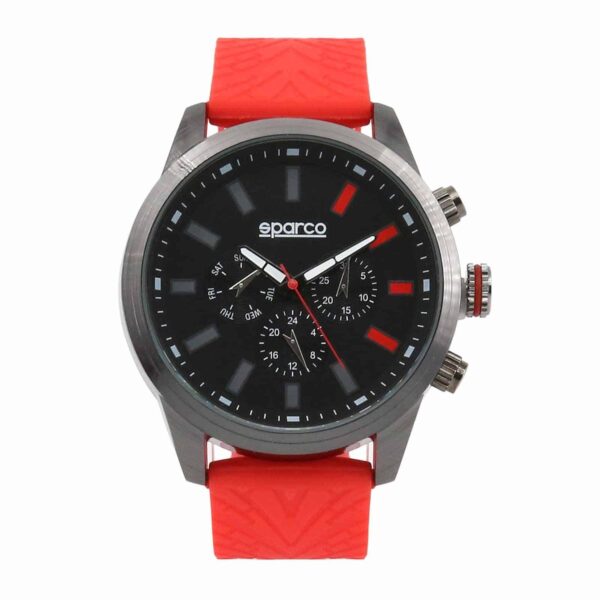 Sparco Niki Red Watch Picture1: The sporty Niki watch from Sparco accompanies you in your everyday life by providing an inimitable racing touch to your look. This model from Sparco is designed to complement differing outfits from sportswear to casual wear. The sporty design with a durable Red strap is sure to impress.