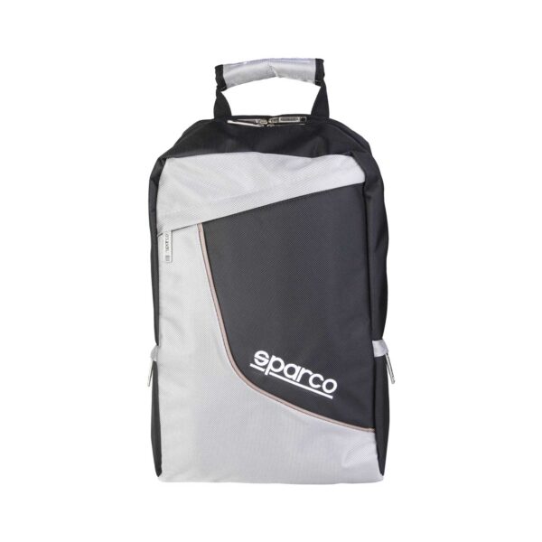Sparco F12 Grey Backpack Bag Picture1: Sparco F12 is a medium-size backpack or travel bag with an adjustable shoulder straps, one padded compartment a top handle and more. The backpack has zipped closure with buckles and zipped side pockets. Sparco logo is printed at the front.