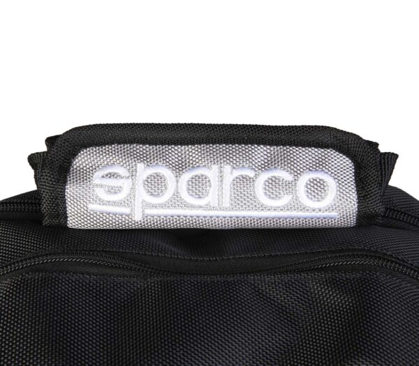 Sparco F12 Grey Backpack Bag Picture7: Sparco F12 is a medium-size backpack or travel bag with an adjustable shoulder straps, one padded compartment a top handle and more. The backpack has zipped closure with buckles and zipped side pockets. Sparco logo is printed at the front.