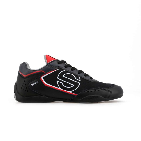 Sparco SP-F5 Black/Red Shoes Sneakers Picture1: Designed for ultimate street durability and performance, Sparco SP-F5 Black/Red Shoes is what you’d expect in a competition driving shoes. That is why these shoes/boots feature a thin sole for maximum pedal feel and control. The sole continues up the heel's back to provide a smooth and stable pivoting point for heel-toe shifting. Comfortable shoes/boots that can be used for everyday car and motorbike driving, touring, racing, karting and even sim racing.