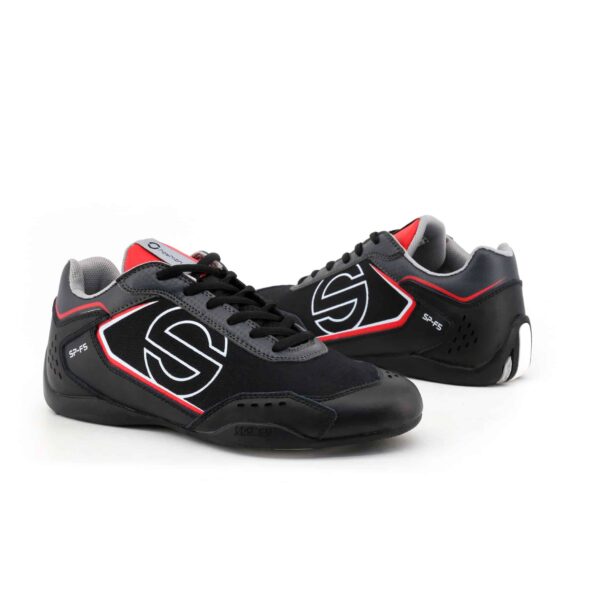 Sparco SP-F5 Black/Red Shoes Sneakers Picture3: Designed for ultimate street durability and performance, Sparco SP-F5 Black/Red Shoes is what you’d expect in a competition driving shoes. That is why these shoes/boots feature a thin sole for maximum pedal feel and control. The sole continues up the heel's back to provide a smooth and stable pivoting point for heel-toe shifting. Comfortable shoes/boots that can be used for everyday car and motorbike driving, touring, racing, karting and even sim racing.