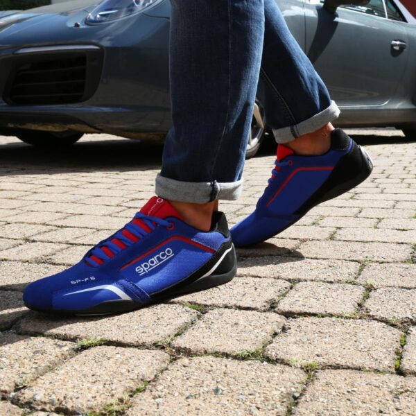 Sparco SP-F6 Blue/Red Royal Shoes Sneakers Picture2: Designed for ultimate street durability and performance, Sparco SP-F6 Blue/Red Royal Shoes is what you’d expect in a competition driving shoes. That is why these shoes/boots feature a thin sole for maximum pedal feel and control. The sole continues up the heel's back to provide a smooth and stable pivoting point for heel-toe shifting. Comfortable shoes/boots that can be used for everyday car and motorbike driving, touring, racing, karting and even sim racing.